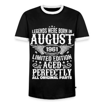 August 1961 Jubiläum 1961 Legenden August - Männer Kontrast-T-Shirt - Schwarz/Weiß - Vorne - AI Model Female 172 light (172cm) & AI Model Male 178 light (178cm)
