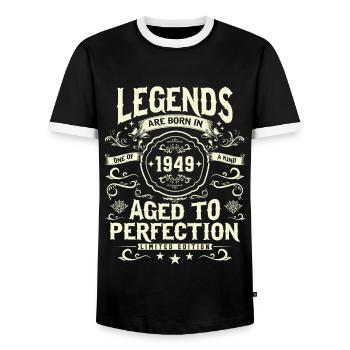 Vintage 1949: A gift for 74 years - Men's Ringer Shirt - black/white - Front - AI Model Female 172 light (172cm) & AI Model Male 178 light (178cm)