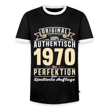 Authentisches 1970er Vintage Geschenk - Männer Kontrast-T-Shirt - Schwarz/Weiß - Vorne - AI Model Female 172 light (172cm) & AI Model Male 178 light (178cm)
