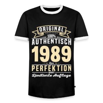 Vintage 1989 - Authentisches Geburtstagsgeschenk - Männer Kontrast-T-Shirt - Schwarz/Weiß - Vorne - AI Model Female 172 light (172cm) & AI Model Male 178 light (178cm)