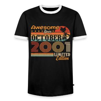 2001 October Vintage - October 2001 - Men's Ringer Shirt - black/white - Front - AI Model Female 172 light (172cm) & AI Model Male 178 light (178cm)