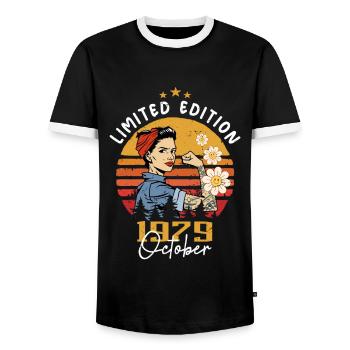 October 1979 born | October 1979 - Men's Ringer Shirt - black/white - Front - AI Model Female 172 light (172cm) & AI Model Male 178 light (178cm)