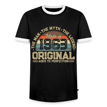 Legendary 1963 - Men's Ringer Shirt - black/white - Front - AI Model Female 172 light (172cm) & AI Model Male 178 light (178cm)
