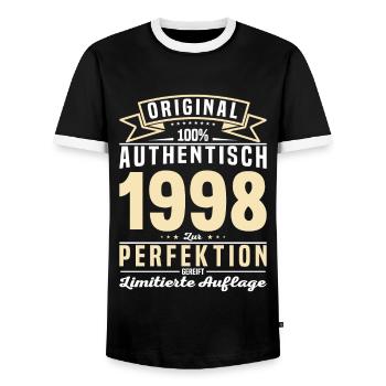 Authentisches Vintage-Geschenk 1998 - Männer Kontrast-T-Shirt - Schwarz/Weiß - Vorne - AI Model Female 172 light (172cm) & AI Model Male 178 light (178cm)