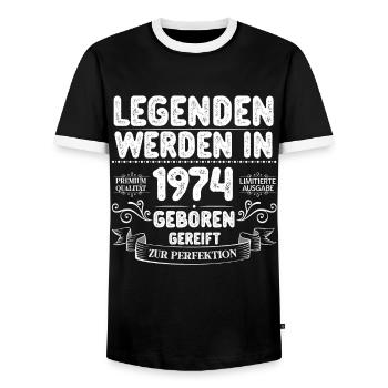 Die Legenden werden im Jahr 1974 geboren 50 Jahre - Männer Kontrast-T-Shirt - Schwarz/Weiß - Vorne - AI Model Female 172 light (172cm) & AI Model Male 178 light (178cm)