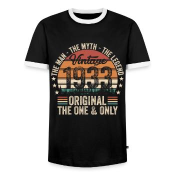 1933 - Vintage Birthday Tea - Men's Ringer Shirt - black/white - Front - AI Model Female 172 light (172cm) & AI Model Male 178 light (178cm)