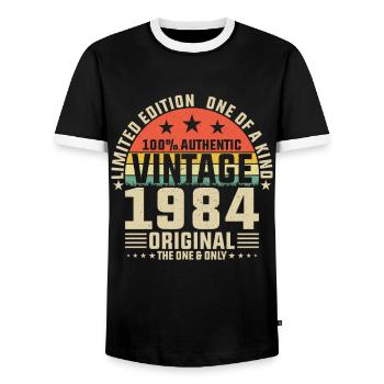 1984 Birthday - Men's Ringer Shirt - black/white - Front - AI Model Female 172 light (172cm) & AI Model Male 178 light (178cm)