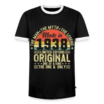 Vintage 1938 Birthday - Legendary 86th Vintage - Men's Ringer Shirt - black/white - Front - AI Model Female 172 light (172cm) & AI Model Male 178 light (178cm)