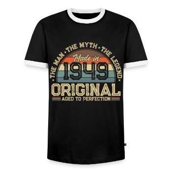 Stylish 75th Birthday Anniversary of 1949 - Men's Ringer Shirt - black/white - Front - AI Model Female 172 light (172cm) & AI Model Male 178 light (178cm)