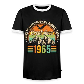 1965 - A legendary year - Men's Ringer Shirt - black/white - Front - AI Model Female 172 light (172cm) & AI Model Male 178 light (178cm)