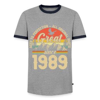 1989 - A legendary year - Men's Ringer Shirt - grey/navy  - Front - AI Model Female 172 light (172cm) & AI Model Male 178 light (178cm)