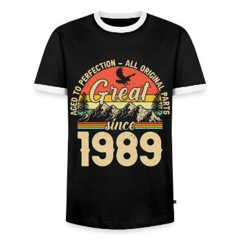1989 - A legendary year - Men's Ringer Shirt - black/white - Front - AI Model Female 172 light (172cm) & AI Model Male 178 light (178cm)