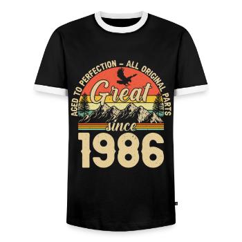 1986 - A legendary year - Men's Ringer Shirt - black/white - Front - AI Model Female 172 light (172cm) & AI Model Male 178 light (178cm)