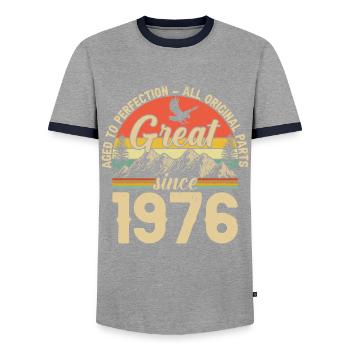 1976 - A legendary year - Men's Ringer Shirt - grey/navy  - Front - AI Model Female 172 light (172cm) & AI Model Male 178 light (178cm)