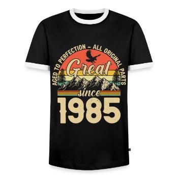 1985 - A legendary year - Men's Ringer Shirt - black/white - Front - AI Model Female 172 light (172cm) & AI Model Male 178 light (178cm)