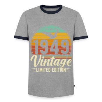 1949 – Vintage Geburtstag Shirt - Männer Kontrast-T-Shirt - Grau/Navy  - Vorne - AI Model Female 172 light (172cm) & AI Model Male 178 light (178cm)