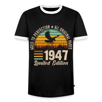 1947 - A Vintage Masterpiece - Men's Ringer Shirt - black/white - Front - AI Model Female 172 light (172cm) & AI Model Male 178 light (178cm)