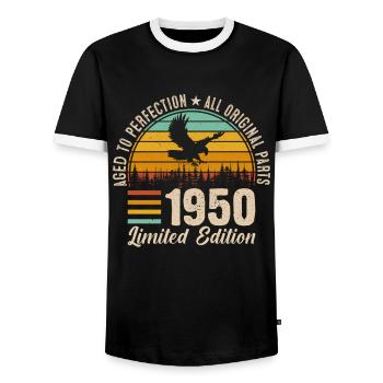 1950 - A legendary vintage - Men's Ringer Shirt - black/white - Front - AI Model Female 172 light (172cm) & AI Model Male 178 light (178cm)