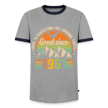 1961 - A legendary year - Men's Ringer Shirt - grey/navy  - Front - AI Model Female 172 light (172cm) & AI Model Male 178 light (178cm)