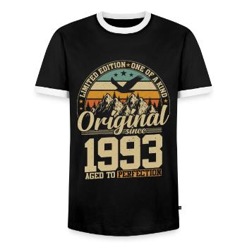 Vintage 1993 - Zeitlose Eleganz - Männer Kontrast-T-Shirt - Schwarz/Weiß - Vorne - AI Model Female 172 light (172cm) & AI Model Male 178 light (178cm)