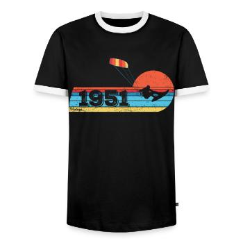 Kitesurf Anniversaire né en 1951 - T-shirt contrasté Homme - noir/blanc - Devant - AI Model Female 172 light (172cm) & AI Model Male 178 light (178cm)