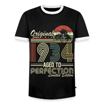 90th Birthday Vintage Retro - Original 1934 - Men's Ringer Shirt - black/white - Front - AI Model Female 172 light (172cm) & AI Model Male 178 light (178cm)