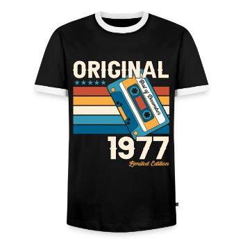 46. Geburtstag Kassette Dezember Jahrgang 1977 - Männer Kontrast-T-Shirt - Schwarz/Weiß - Vorne - AI Model Female 172 light (172cm) & AI Model Male 178 light (178cm)