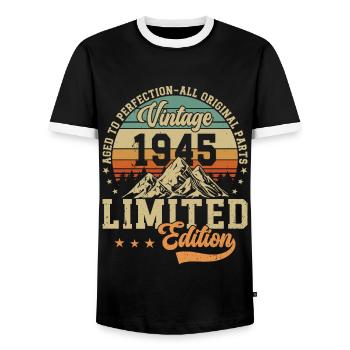 79th Birthday Vintage Birthday Party 1945 - Men's Ringer Shirt - black/white - Front - AI Model Female 172 light (172cm) & AI Model Male 178 light (178cm)