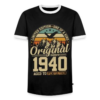 Vintage Birthday 84 Years 1940 - Men's Ringer Shirt - black/white - Front - AI Model Female 172 light (172cm) & AI Model Male 178 light (178cm)
