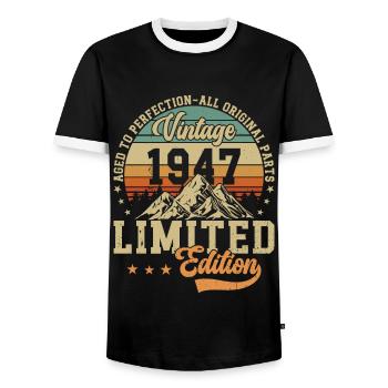 77e anniversaire Millésime 1947 - T-shirt contrasté Homme - noir/blanc - Devant - AI Model Female 172 light (172cm) & AI Model Male 178 light (178cm)