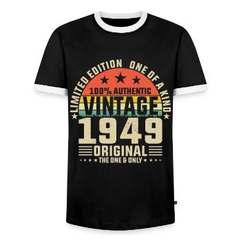 75th Birthday Vintage 1949 - Men's Ringer Shirt - black/white - Front - AI Model Female 172 light (172cm) & AI Model Male 178 light (178cm)