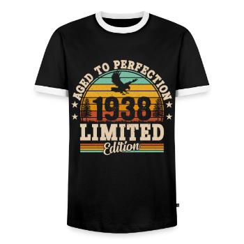 86 years of legend 1938 - Men's Ringer Shirt - black/white - Front - AI Model Female 172 light (172cm) & AI Model Male 178 light (178cm)
