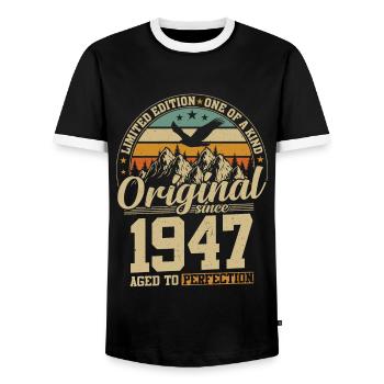 Millésime 1947 - Légendaire 77e anniversaire - T-shirt contrasté Homme - noir/blanc - Devant - AI Model Female 172 light (172cm) & AI Model Male 178 light (178cm)