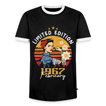57 years old - Born in February 1967 - Men's Ringer Shirt - black/white - Front - AI Model Female 172 light (172cm) & AI Model Male 178 light (178cm)