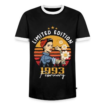 31 years old - Born in February 1993 - Men's Ringer Shirt - black/white - Front - AI Model Female 172 light (172cm) & AI Model Male 178 light (178cm)