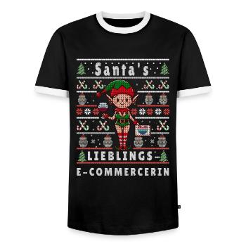 Ugly Weihnachten SANTAS LIEBLINGS E-Commercerin - Männer Kontrast-T-Shirt - Schwarz/Weiß - Vorne - AI Model Female 172 light (172cm) & AI Model Male 178 light (178cm)