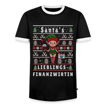 Ugly Christmas SANTA'S FAVORITE FINANCIER - Men's Ringer Shirt - black/white - Front - AI Model Female 172 light (172cm) & AI Model Male 178 light (178cm)