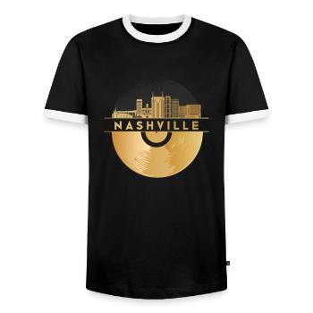 Vinyl-Schallplatte Disco-Musik Skyline-Nashville - Männer Kontrast-T-Shirt - Schwarz/Weiß - Vorne - AI Model Female 172 light (172cm) & AI Model Male 178 light (178cm)