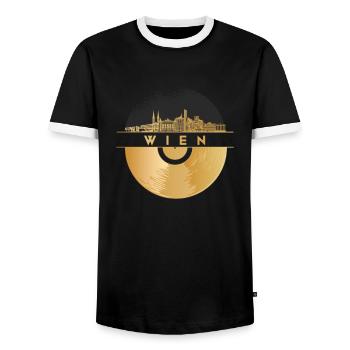 Vinyl Record - Skyline-Austria-Vienna - Men's Ringer Shirt - black/white - Front - AI Model Female 172 light (172cm) & AI Model Male 178 light (178cm)