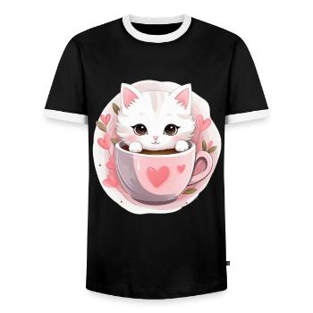 Loving Coffee Cat Kitten in Mug Cat Love - Männer Kontrast-T-Shirt - Schwarz/Weiß - Vorne - AI Model Female 172 light (172cm) & AI Model Male 178 light (178cm)