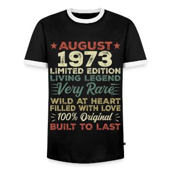 August 1973 - Gift idea for August 1973 - 1973 - Men's Ringer Shirt - black/white - Front - AI Model Female 172 light (172cm) & AI Model Male 178 light (178cm)