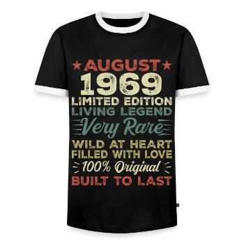 August 1969 - Gift idea for August 1969 - 1969 - Men's Ringer Shirt - black/white - Front - AI Model Female 172 light (172cm) & AI Model Male 178 light (178cm)