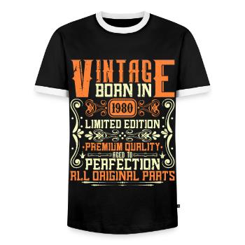 1980 Born 1980 - Year 1980 Birthday 1980 - Men's Ringer Shirt - black/white - Front - AI Model Female 172 light (172cm) & AI Model Male 178 light (178cm)