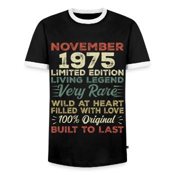 Légende Depuis Novembre 1975 Millésime Novembre 1975 - T-shirt contrasté Homme - noir/blanc - Devant - AI Model Female 172 light (172cm) & AI Model Male 178 light (178cm)