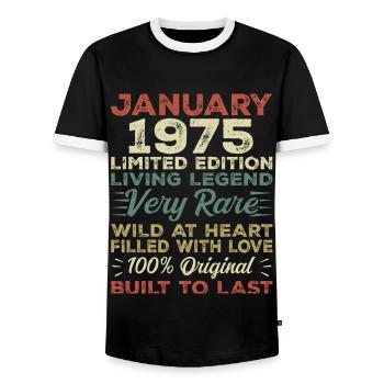 Anniversaire de Janvier 1975 - Janvier 1975, Janvier 1975 - T-shirt contrasté Homme - noir/blanc - Devant - AI Model Female 172 light (172cm) & AI Model Male 178 light (178cm)