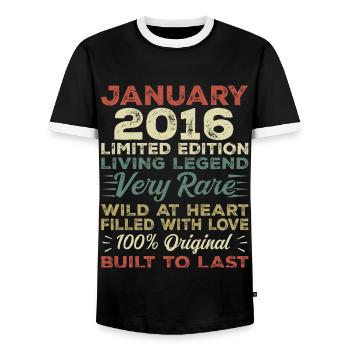 Janvier 2016 Anniversaire - Janvier 2016, Janvier 2016 - T-shirt contrasté Homme - noir/blanc - Devant - AI Model Female 172 light (172cm) & AI Model Male 178 light (178cm)