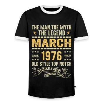 March 1976 Jubilee 1976 - Legends March 1976 - Men's Ringer Shirt - black/white - Front - AI Model Female 172 light (172cm) & AI Model Male 178 light (178cm)