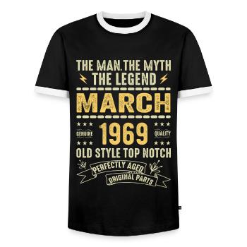 März 1969 Jubiläum 1969 - Legenden März 1969 - Männer Kontrast-T-Shirt - Schwarz/Weiß - Vorne - AI Model Female 172 light (172cm) & AI Model Male 178 light (178cm)