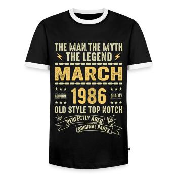 März 1986 Jubiläum 1986 - Legenden März 1986 - Männer Kontrast-T-Shirt - Schwarz/Weiß - Vorne - AI Model Female 172 light (172cm) & AI Model Male 178 light (178cm)