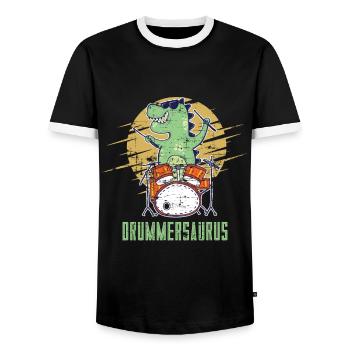 Drummer Dino Schlagzeuger Dinosaurier Schlagzeug - Männer Kontrast-T-Shirt - Schwarz/Weiß - Vorne - AI Model Female 172 light (172cm) & AI Model Male 178 light (178cm)